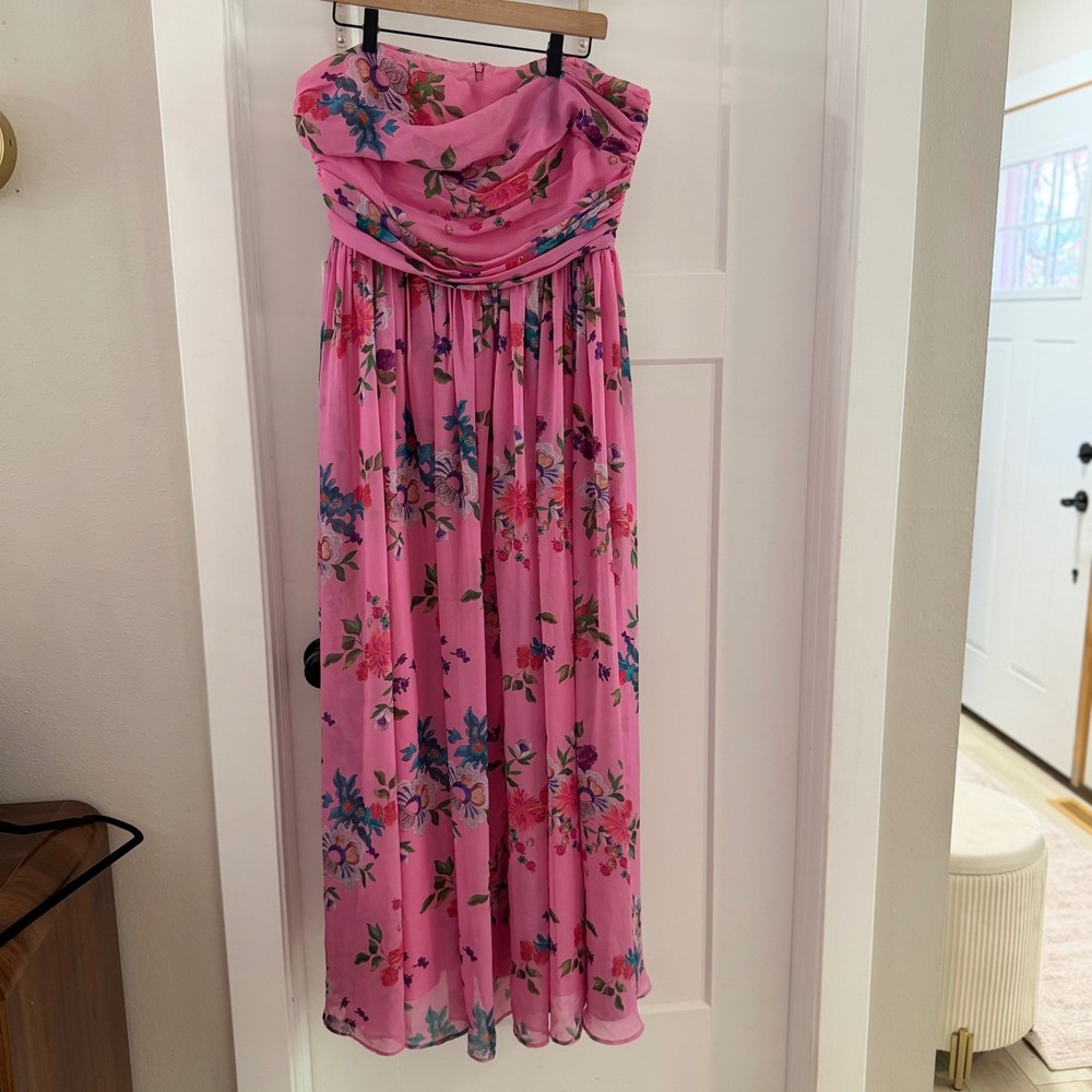 Sau Lee Camille Pink Floral Strapless Maxi Gown Dress 14 Designer Feminine Chic